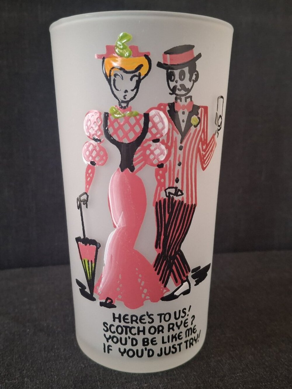 Vintage MCM 1950 1960s Gay Fad Nineties Bar Glass Here's To Us 12 Oz Tumbler